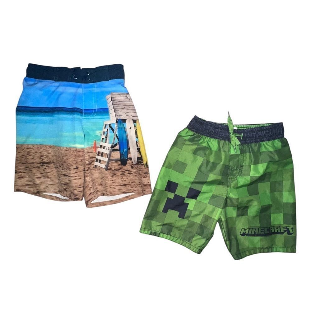 Lot of Two Boy's Swim Trunks Minecraft & Wonder Nation Beach Scene Small 6/7 EUC